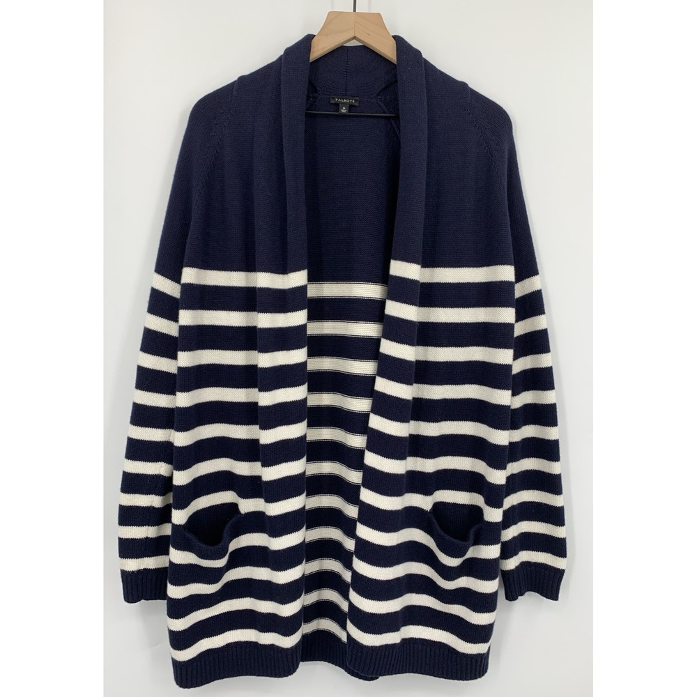 Talbots Sweater Medium Blue White Striped‎ Cardigan Open Cotton Cashmere Long